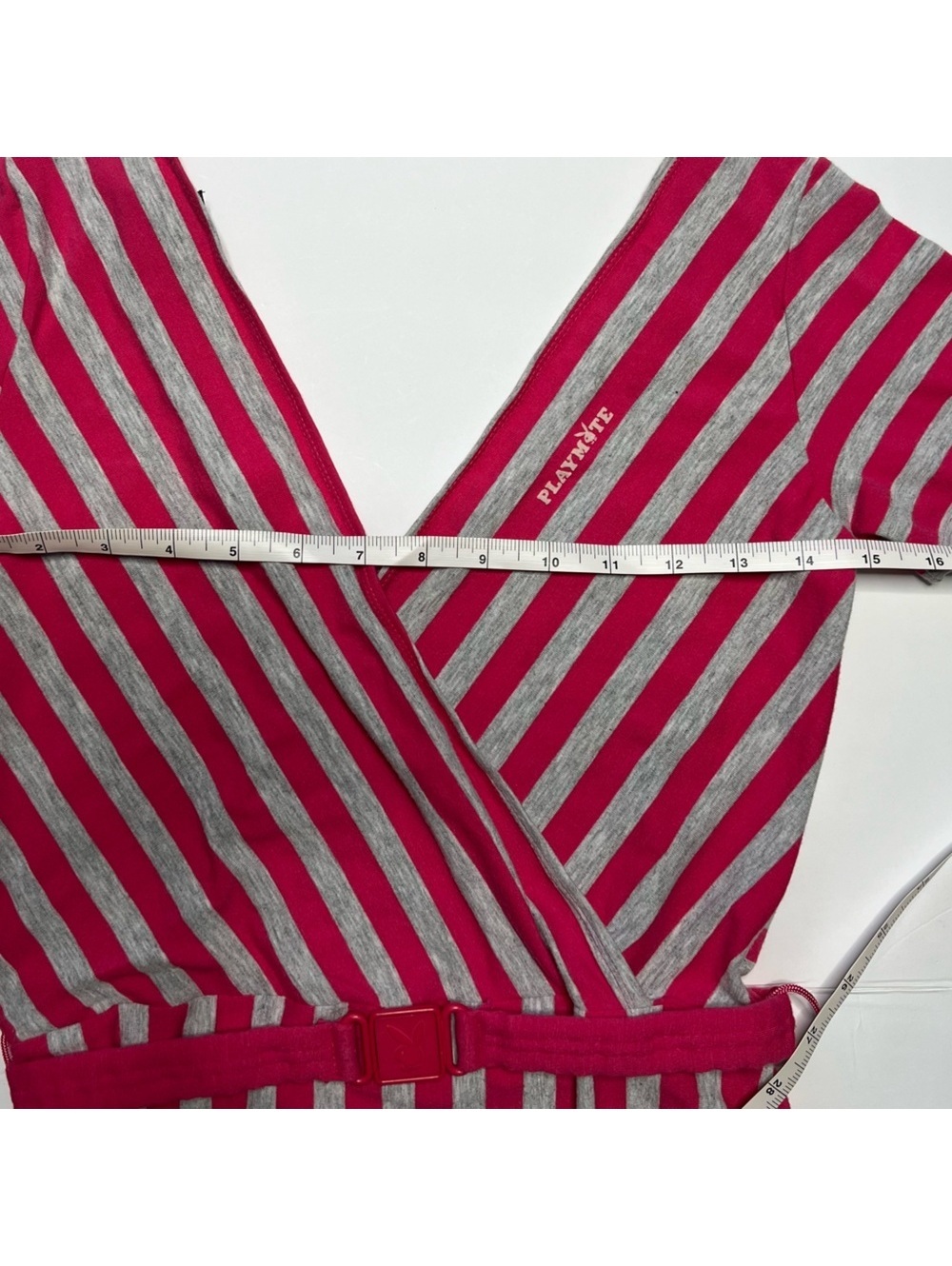 Vtg 80s Playboy Playmate Striped Bodysuit Large Belted Plunge V Neck Leotard - Picture 6 of 8